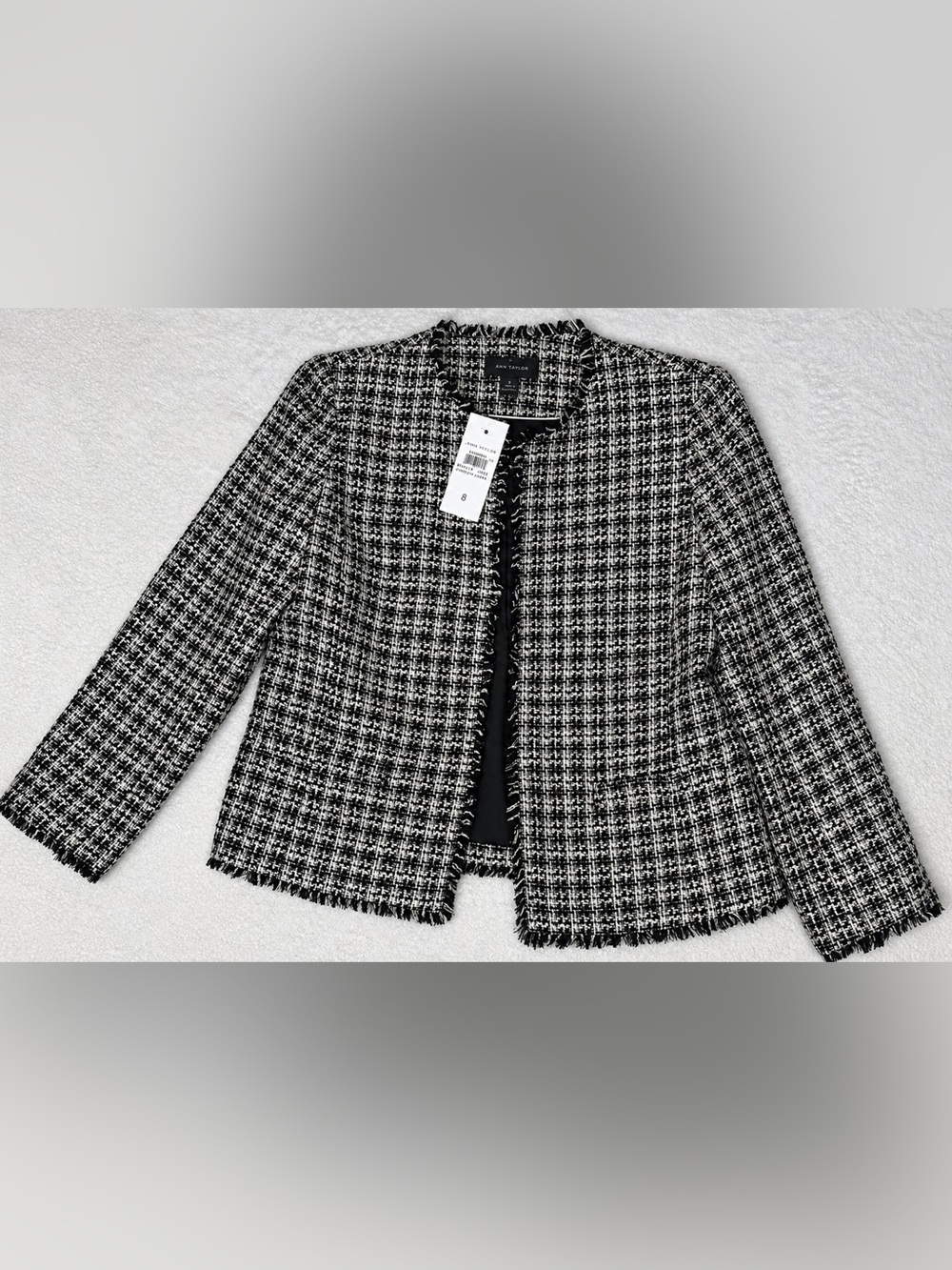 Ann Taylor Women’s 8 NWT Black White Tweed Fringe Jacket Open Front Blazer